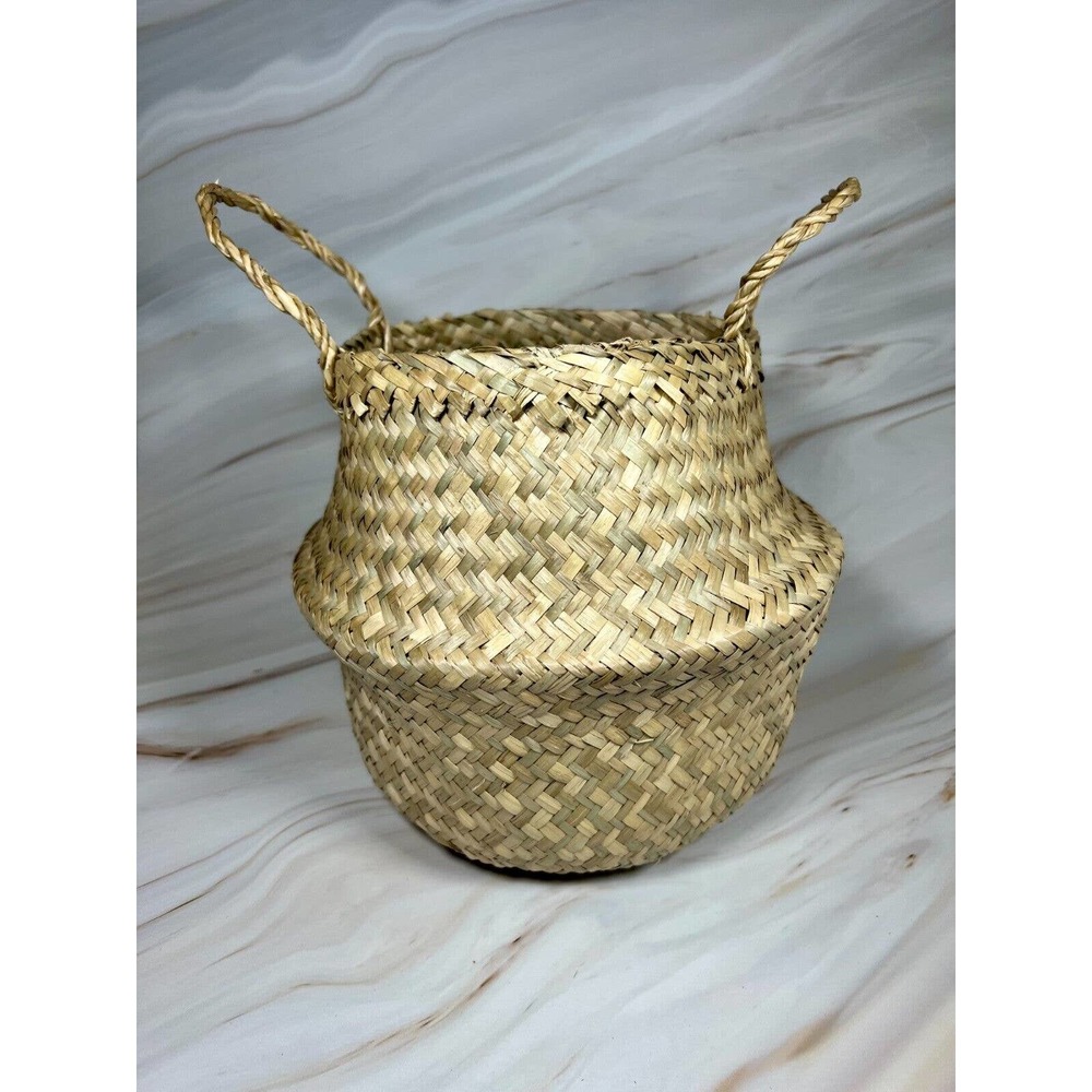 2 Pk Seagrass Belly Basket Woven Flower Planter Pot Storage Box Home Décor Med